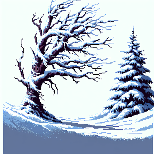 pixel art of a dead tree covered in snow. Single Game Texture. In-Game asset. 2d. Blank background. High contrast. No shadows.