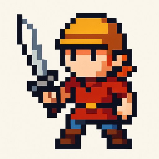 2d hero swordsman pixel sprite.
In-Game asset.  2d.  High contrast.  No shadows