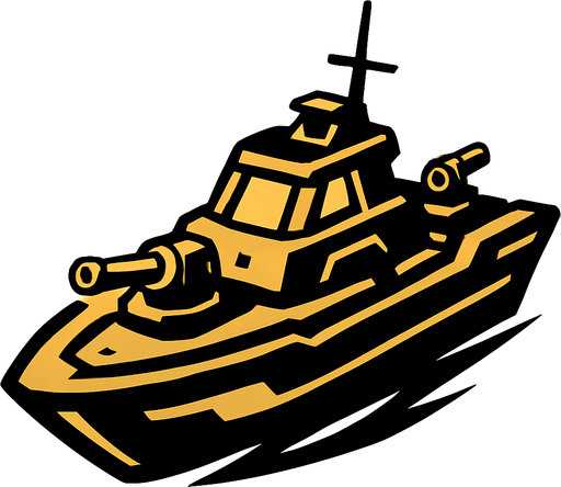 The small warship is fast and agile, designed for quick attacks and evading enemy fire. It has light armor and carries a few small cannons. Its compact size makes it harder to hit but less durable..
In-Game asset.  2d.  High contrast.  No shadows