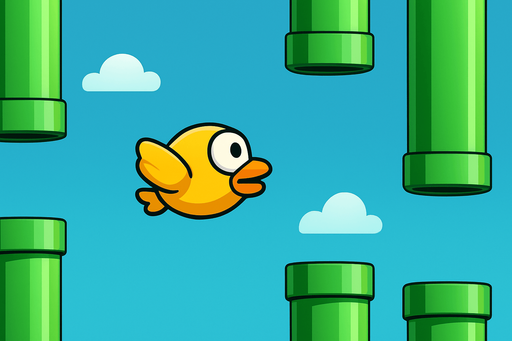 Fullscreen modern App Store landscape banner, 16:9, high definition, for a game titled "Flappy Bird: Pipe Dash" and with the description "Tap to flap and guide your bird through gaps in moving pipes. Avoid collisions and see how far you can go!". No text on banner!