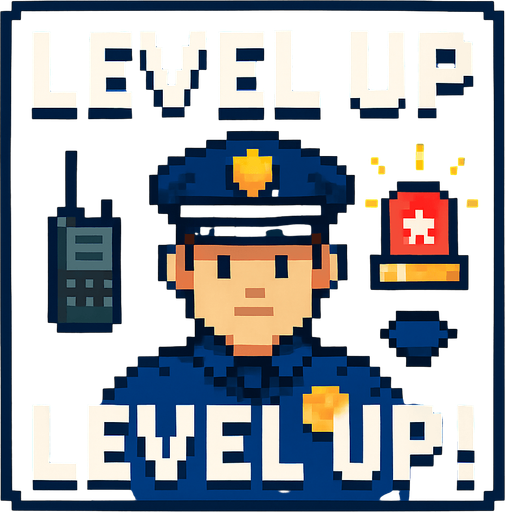 a police themed level up screen pixel art.
In-Game asset.  High contrast.  No shadows