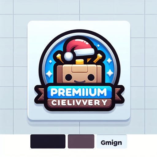 Icon for premium christmas delivery, cartoon, with the text: „Premium Delivery“ at top Single Game Texture. In-Game asset. 2d. Blank background. High contrast. No shadows.