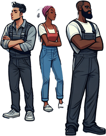 A garage with employees who can repair the cars.
Single Game Texture. In-Game asset. 2d. Blank background. High contrast. No shadows.