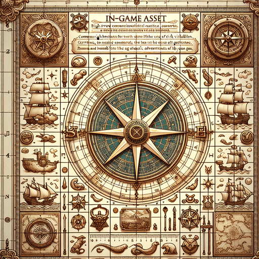 ancient nautical chart.
Single Game Texture. In-Game asset. 2d. Blank background. High contrast. No shadows.