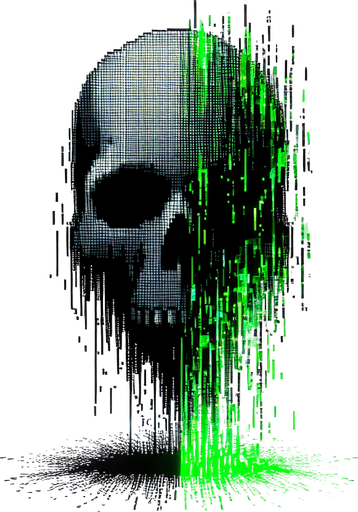 A pixelated skull with green digital "code streams" dripping down, symbolizing a destructive digital attack.
Neon green and dark gray..
Single Game Texture. In-Game asset. 2d. Blank background. High contrast. No shadows.