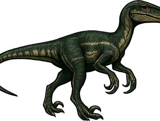 A sleek and agile Deinonychus dinosaur in a neutral pose on a transparent background. It has a slender body covered with dark green and brown textured scales, accented with lighter stripes along its sides. The head is narrow with sharp teeth visible, and bright, alert eyes. Its arms are relatively long with sharp claws, and its legs show the famous sickle-shaped claws on the second toes. The tail is long and flexible for balance. The skin texture is detailed, showing small scales and subtle muscle definition..
In-Game asset.  2d.  High contrast.  No shadows