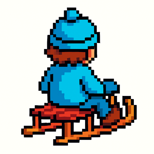 arkasından gördüğümüz kızağa oturan pixel bir çocuk yap.
In-Game asset.  2d.  High contrast.  No shadows