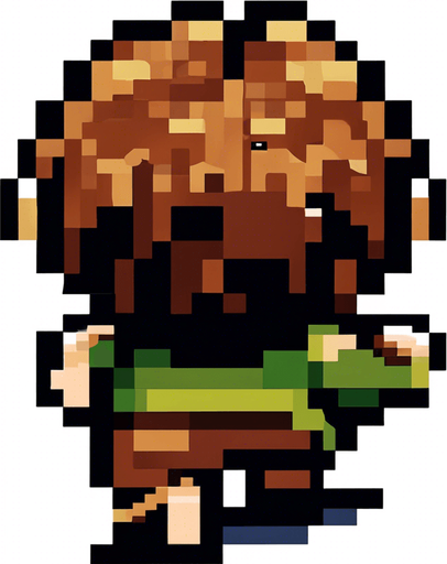 The hobbit is jumping. His feet stick out on either side as he jumps.  Pixel art