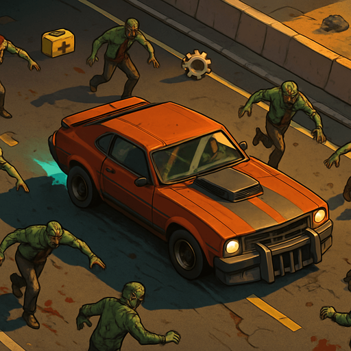Fullscreen modern App Store landscape banner, 16:9, high definition, for a game titled "Zombie Highway Survivor" and with the description "Drive through zombie-filled highways, collect upgrades, and customize your car to survive as long as possible in this intense top-down survival game.". No text on banner!