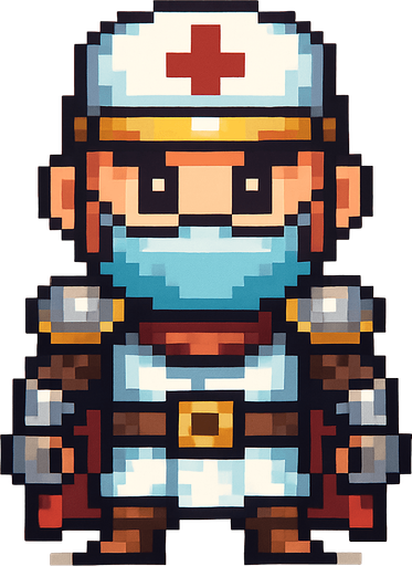 Genera una imagen de un médico guerrero pixel, y que su cabeza sea un poco más grande que el cuerpo. Y que no tenga armas 
In-Game asset.  2d.  High contrast.  No shadows