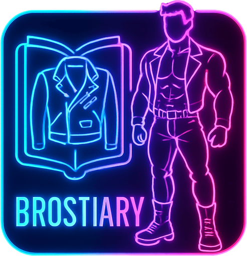 Neon cyberpunk App icon BROSTIARY encyclopedia of black leather biker jacket longsleeves shirtless musxles pants boots hunk outline linework glowing 3d hologram flat
