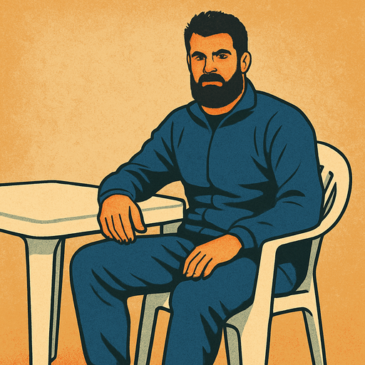 Beyaz plastik sandalye ve masa da oturan volkan demiren görseli oluştur . bu görsel de volkan demirel Lacivert eşofman takımı giyiyor olsun . retro temada olsun !.
In-Game asset.  2d.  High contrast.  No shadows