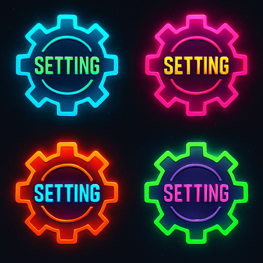 Setting buttons shapes as gears or cogs have text 'Setting'. HD colors. cyberpunk. Abstract. Different colors.
In-Game asset.  2d.  High contrast.  No shadows