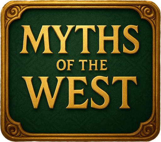Kare ama köşeleri oval bir banner. LOTR tarzı. Yeşil ve altın sarısı ağırlıklı. İçinde "Myths of the West" yazıyor.