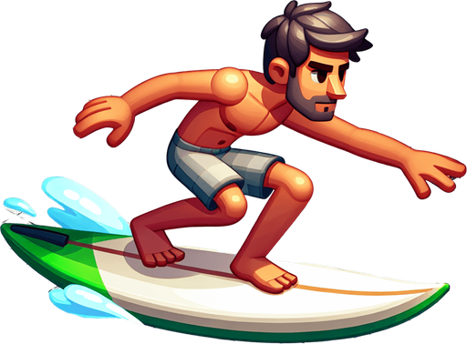 A surfer standing and riding on a surfboard. Side profile. Cartoon. Full body. 
Single Game Texture.  In-Game asset.  2d.  Blank background.  High contrast.  No shadows