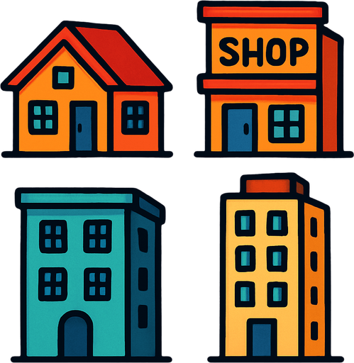 buldings.
In-Game asset.  2d.  High contrast.  No shadows