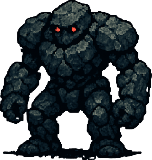 Kocaman kayadan oluşan golem kırmızı parıldayan gözlere sahip dark souls style 2d pixel art.
In-Game asset.  2d.  High contrast.  No shadows