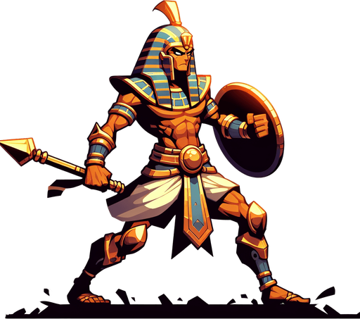 An animated image of an egyptian warrior.
Single Game Texture. In-Game asset. 2d. Blank background. High contrast. No shadows.