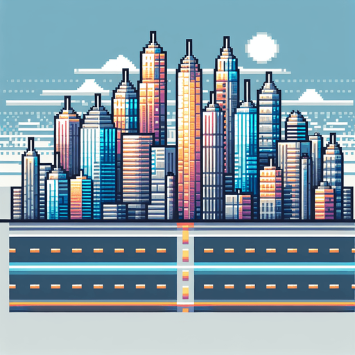 An 8-bit city skyline with towers.
Single Game Texture. In-Game asset. 2d. Blank background. High contrast. No shadows.