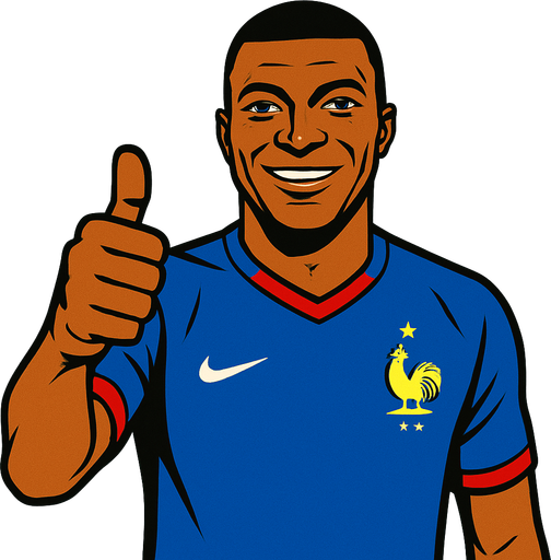 Kylian Mbappé wıth france futboll tshirt makıng thumbsup.
In-Game asset.  2d.  High contrast.  No shadows