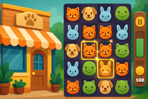 Fullscreen modern App Store landscape banner, 16:9, high definition, for a game titled "Pet Store Match" and with the description "A pet store-themed match-3 puzzle game where players swap animal tiles to create combos of 3 or more. Features dynamic grid layouts, multiple difficulty levels, and time-based scoring challenges.". No text on banner!