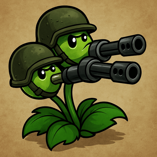 Triple lanza guisantes del videojuego plantas vs zombies fusion con cascos militares y boca de metralletas.
In-Game asset.  2d.  High contrast