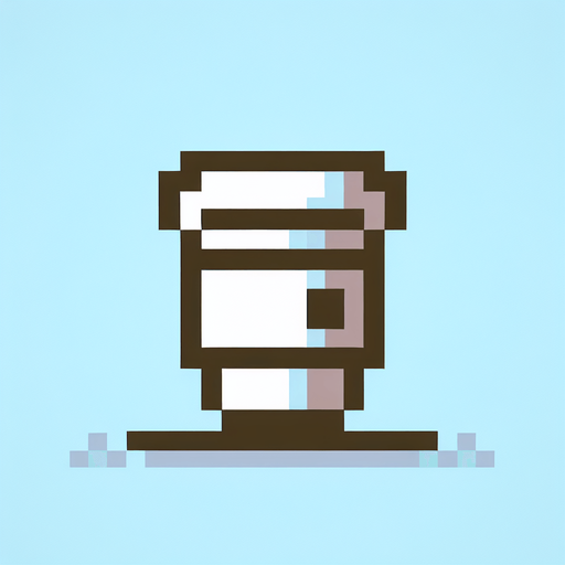 coffee cup 8 bit.
Single Game Texture.  In-Game asset.  2d.  Blank background.  High contrast.  No shadows