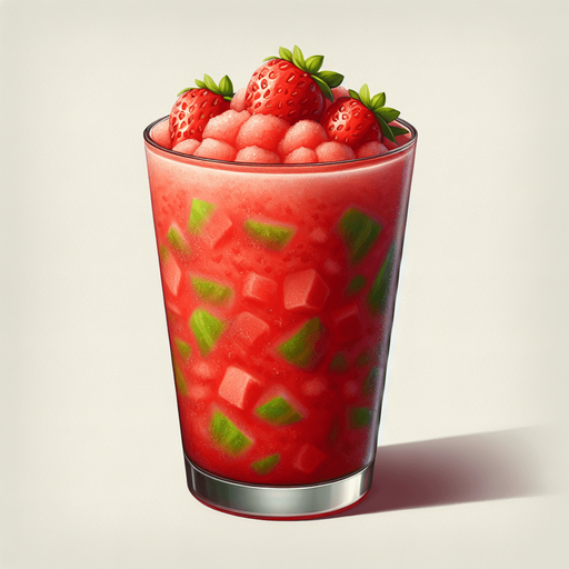 A nice glass of watermelon and strawberry slushice.
Single Game Texture. In-Game asset. 2d. Blank background. High contrast. No shadows.