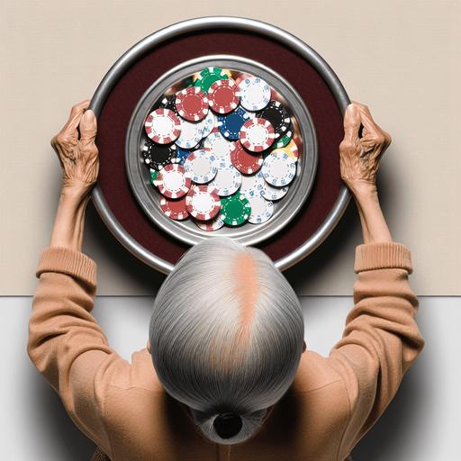 Top down image of an old lady carrying poker tokens. Single Game Texture. In-Game asset. 2d. Blank background. High contrast. No shadows.