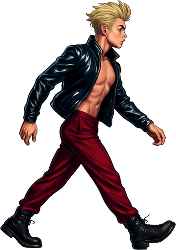 Same pose Swishy graceful man Cyberpunk manga, side profile view walking animation, shiny black leather biker jacket longsleeves shirtless Skinny abs blonde pompadour guy, wine red joggers combat boots, Background removed, "Full-body character, entirely in frame, no cropping of face, head, or feet" "Complete character visible, from head to toe, fully centered in the image" "Entire character, including face and boots, fully within the frame" Character fully contained within a square frame, no edges cut off fashion model idle pose walking animation