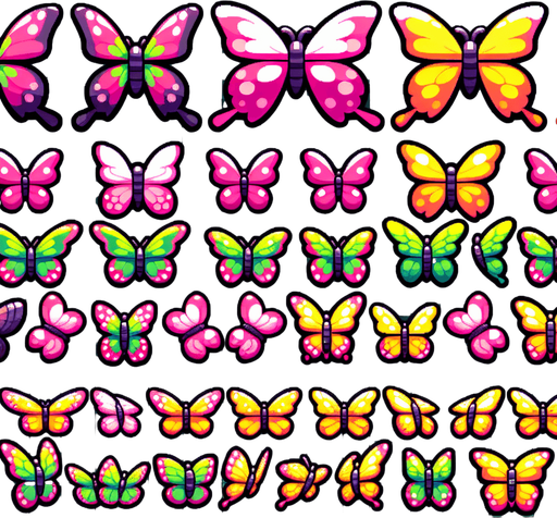 A sprite sheet of different colored butterflies. Include pink, green and yellow..
Single Game Texture. In-Game asset. 2d. Blank background. High contrast. No shadows.