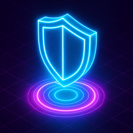 down Isometric neon cyberpunk shield symbol hologram glow 3d