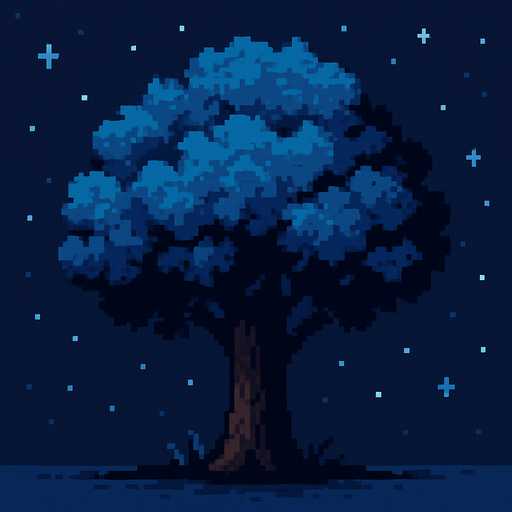 Pixel art de árbol pero de noche.
In-Game asset.  2d.  High contrast.  No shadows