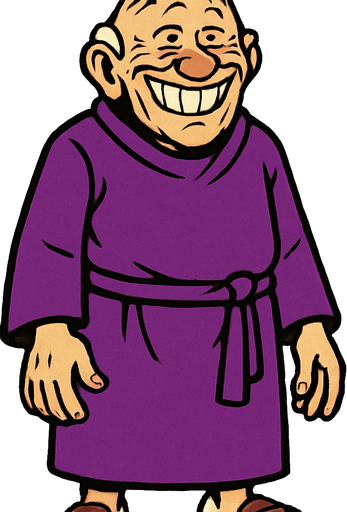 yaşlı, üzerinde mor bir cübbe olan, ve mal mal sırıtan bir adam. vücudu tamamen görünür.
In-Game asset.  2d.  High contrast.  No shadows