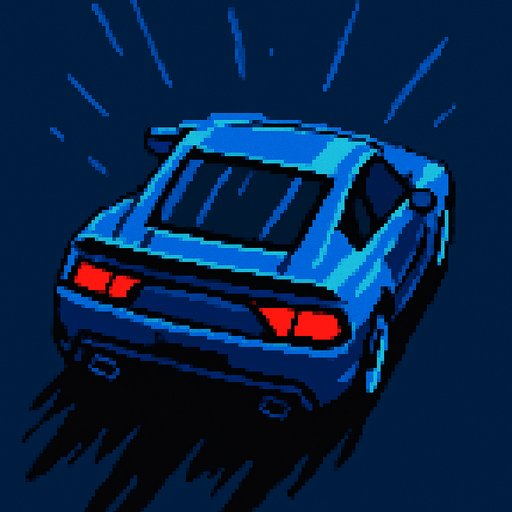 carro azul deportivo con la perspectiva hacia arriba.
In-Game asset.  2d.  High contrast.  No shadows hecho con pixeles acelerando con perspectiva trasera sin el rastro