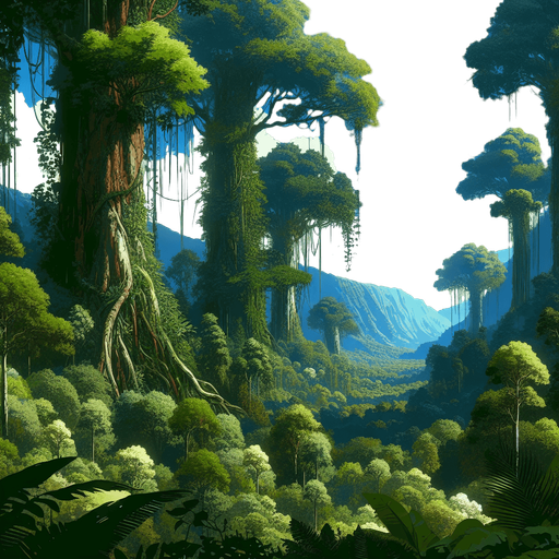 A lush jungle scenery with huge old trees covered in vines and overwrowth, blue sky and forested mountains in the background..
Single Game Texture. In-Game asset. 2d. Blank background. High contrast. No shadows.