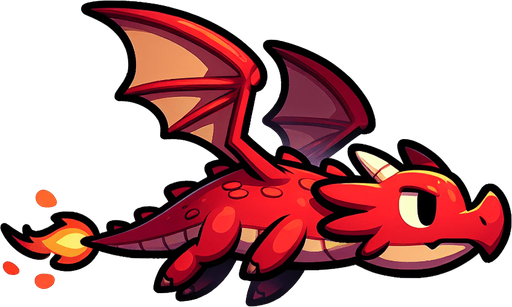Cute toony red cool dragon in flight sideview.
Single Game Texture. In-Game asset. 2d. Blank background. High contrast. No shadows.