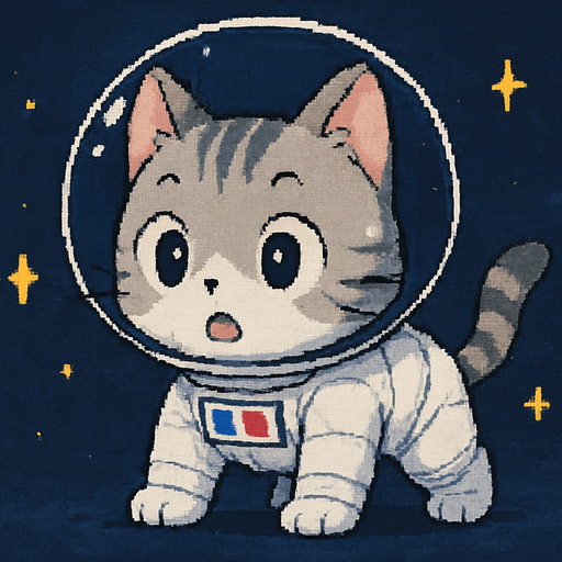 A cute kitten, illustrated in an adorable chibi anime style and wearing an astronaut suit, stands on all fours in outer space with a wide-eyed, surprised expression. Its body is slightly tense, as if it just saw something unexpected.
