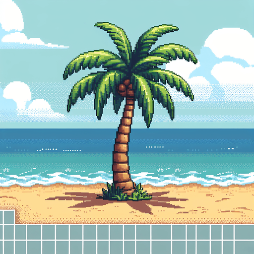 pixelart cartoon beach schene. just the beach and a big palm tree. no background..
Single Game Texture. In-Game asset. 2d. Blank background. High contrast. No shadows.