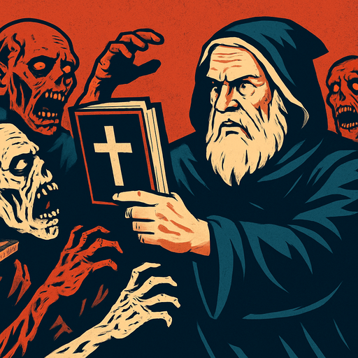 A background image (wallpaper) representing an old prophet-like man with white hair and beard, wearing a priest's robe (hooded) and holding a holy book (christianity, cross) in his hand, fighting against zombies..
In-Game asset.  2d.  High contrast.  No shadows
