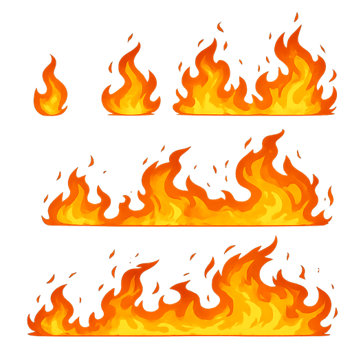 sprite sheet containing 2D fire spread horizontally.
In-Game asset.  2d.  High contrast.  No shadows