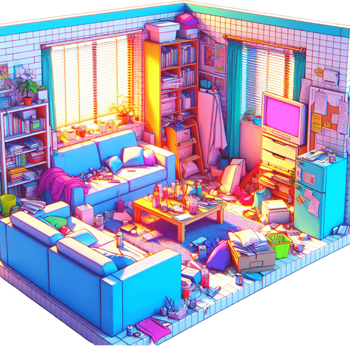 dağınık bir oturma odası, odanın içinden görünüm. 3d renkli anime, çizgi film
