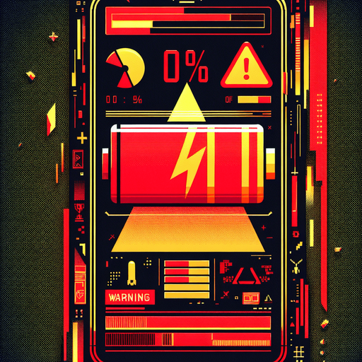 A background for a game over screen, depicting a mobile phone UI with a depleted battery at 0%. The screen features bold red and yellow colors, creating a sense of urgency and tension. A large, flashing battery icon with a red '0%' and a warning triangle is prominently displayed. The UI includes glitch effects, cracks, or distortion to suggest the phone has been overcharged and malfunctioned. The background is filled with subtle warning messages and symbols in red and yellow tones, enhancing the dramatic and high-stakes atmosphere.
Single Game Texture. In-Game asset. 2d. Blank background. High contrast. No shadows.
