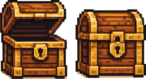 An old treasure chest with a lid open and lid closed version. From straight on view. Retro pixelated art..
In-Game asset.  2d.  High contrast.  No shadows