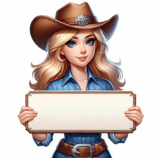 pretty blond human cowgirl holding a sign.
Single Game Texture. In-Game asset. 2d. Blank background. High contrast. No shadows.