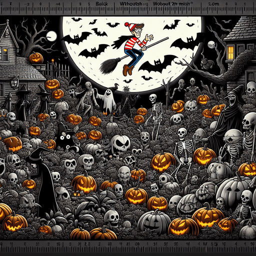 Generate a high quality cartoon background Halloween image on a black canvas similar to the format of where is waldo.
Single Game Texture. In-Game asset. 2d. Blank background. High contrast. No shadows.