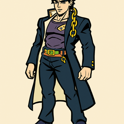 Jotaro con  cuerpo y que se vea su cabeza jojo's.
In-Game asset.  2d.  High contrast.  No shadows