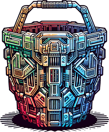 a robotic basket with high contrast.
Single Game Texture.  In-Game asset.  2d.  Blank background.  High contrast.  No shadows