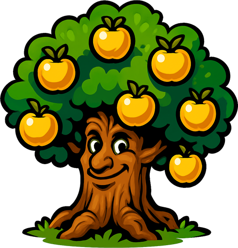 Yüzü olan bir ağaç altın elmalar var.
In-Game asset.  2d.  High contrast.  No shadows