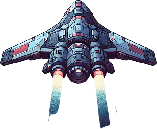 космический корабль летящий вперед сквозь космос.
Single Game Texture. In-Game asset. 2d. Blank background. High contrast. No shadows.